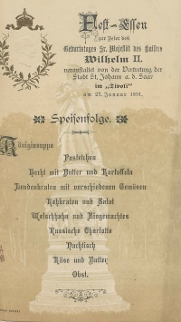 Menükarte eines Festessens im "Restaurant Tivoli" anlässlich des Geburtstages Kaiser Wilhelm II. im Jahr 1891 (Foto: Stadtarchiv)