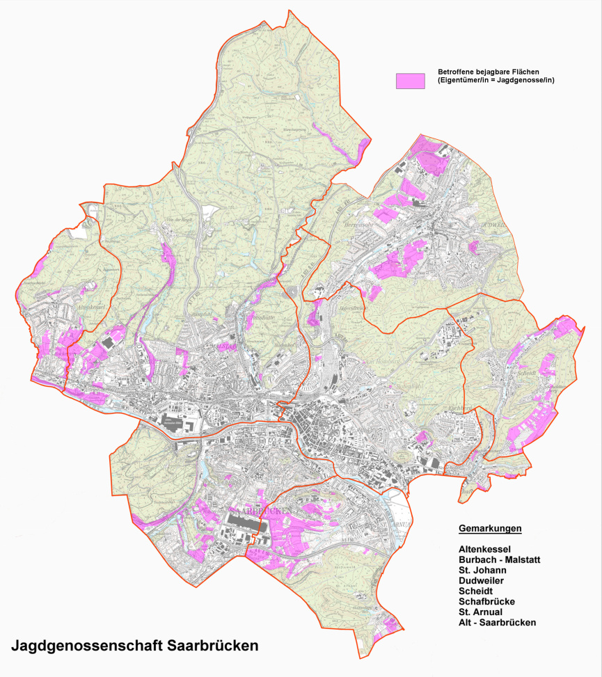 Betroffene bejagbare Flächen in den Stadtteilen Altenkessel, Burbach, St. Johann, Dudweiler, Schafbrücke, St. Arnual und Altsaarbrücken.