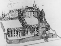 Die Zeichnung von Heinrich Hoer zeigt das 1602 von Graf Ludwig erbaute Renaissanceschloss.  Zu erkennen ist die zur Stadt führende Zugbrücke. 