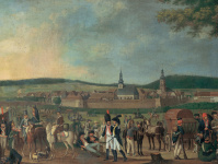 Dieses von dem Hofmaler Johann Friedrich Dryander gemalte Bild zeigt den Blick auf St. Johann mit seiner Stadtmauer und der rechts neu erbauten Oberen Vorstadt. Thema des Gemäldes ist die Lagerung französischer Truppen vor St. Johann im Jahr 1793. 
