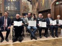 Verleihung der Bürgermedaille 2022 (v.l.n.r.): OB Conradt, Michael Wagner, Guido Vogel-Latz, Thomas Quint, Dirk Pirritano, Antonia Schneider-Kerle 