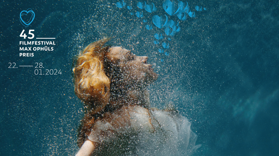 Motiv einer Frau, die in der Tiefe taucht, um sie herum sind Luftblasen, aus ihrem Mund kommen Herzen