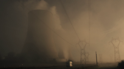Atomkraftwerk hinter dichtem Nebel