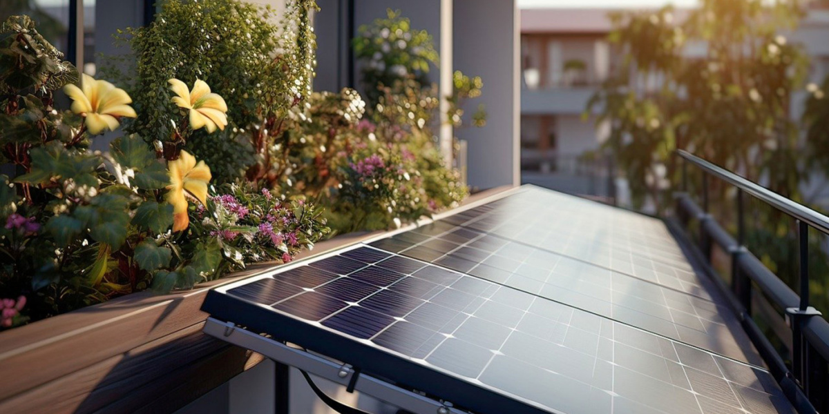 Online-Infoveranstaltung: Alles Wissenswerte über PV-Balkonkraftwerke Ein Balkonkraftwerk, steckfertige PV-Anlage, an einem privaten Balkon vor Blumenkästen