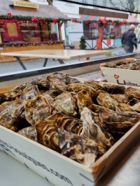 Austern liegen in Holzkisten in einem Schaufenster