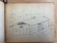 Zeichnung der von den Schweizern errichteten Arzt- und Hilfsbaracke vor der Ruinenlandschaft Saarbrückens. In dieser Baracke wurden die Kinder zunächst untersucht. Je nach Ernährungszustand wurde entschieden, an wie vielen Schulspeisungen sie teilnehmen durften.