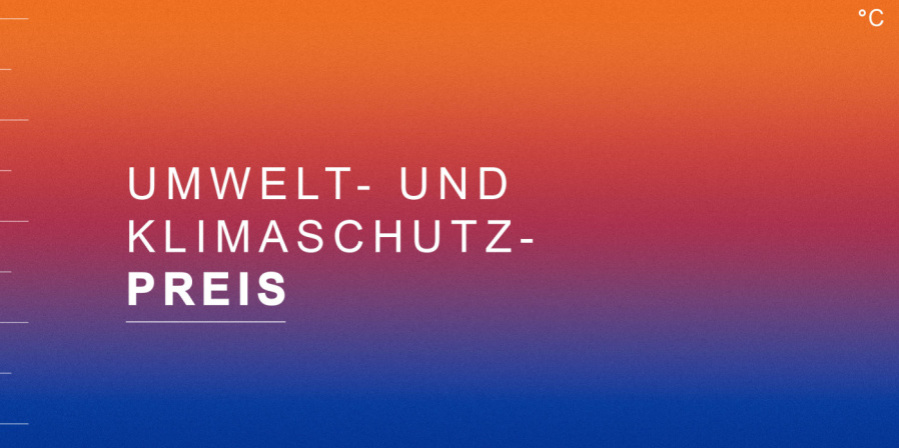 Rot-blauer Farbverlauf mit der Aufschrift Umwelt- und Klimaschutzpreis