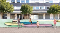 §175 Blick auf eine Visualisierung der Aktionsfläche, auf der sich über mehrere Ebenen eine mehrfarbige Betonplastik befindet