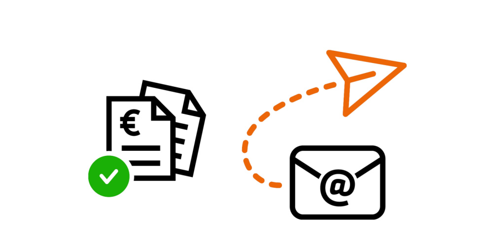Icons Online-Bescheid. Papiersymbole, ein orange Pfeil und ein E-Mail Postfach Symbol.