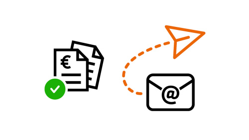 Icons Online-Bescheid. Papiersymbole, ein orange Pfeil und ein E-Mail Postfach Symbol.