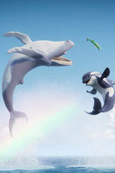 Der Letzte Walsänger Zwei Wale springen aus dem Meer.