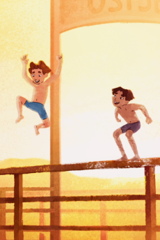 Zwei Jungen stehen in Badehose auf der Brüstung einer Brücke, einer von ihnen springt.