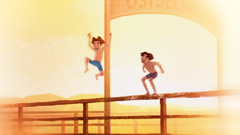 Zwei Jungen stehen in Badehose auf der Brüstung einer Brücke, einer von ihnen springt. Zwei Jungen stehen in Badehose auf der Brüstung einer Brücke, einer von ihnen springt.