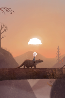 Ein kleines Kind überquert auf dem Rücken eines Otters über einen umgefallenen Baum in einem nebligen Wald bei Sonnenuntergang.