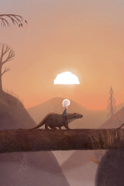 Mû Ein kleines Kind überquert auf dem Rücken eines Otters über einen umgefallenen Baum in einem nebligen Wald bei Sonnenuntergang.