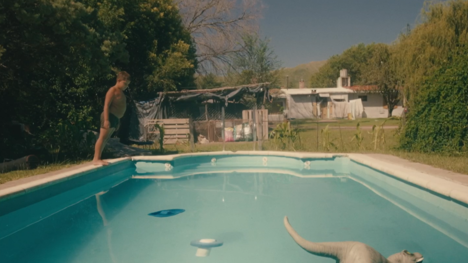 Ein Junge steht am Beckenrand eines Swimmingpools in einem Garten. Im Pool schwimmen zwei Spielzeug-Dinosaurier. Ein Junge steht am Beckenrand eines Swimmingpools in einem Garten. Im Pool schwimmen zwei Spielzeug-Dinosaurier.