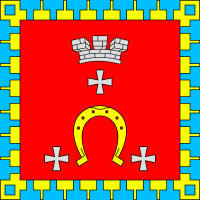 rot-blau-gelbe Farben mit Hufeisen als Stadtflagge