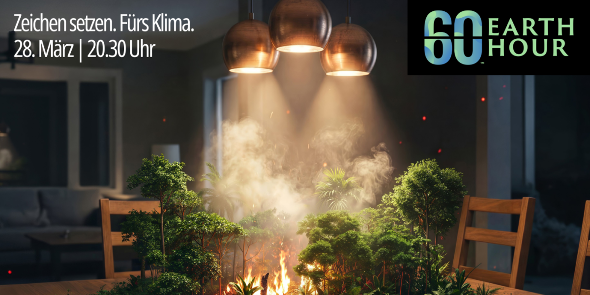 Brennender Wald unter Lampen auf Küchentisch mit Aufruf "Wir machen's aus!"