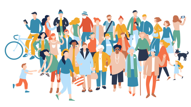 Illustration einer vielfältigen Gruppe von Menschen unterschiedlichen Alters und Stils, darunter Kinder, Erwachsene, ältere Menschen und ein Hund, die gemeinsam im Freien stehen. Illustration einer vielfältigen Gruppe von Menschen unterschiedlichen Alters und Stils, darunter Kinder, Erwachsene, ältere Menschen und ein Hund, die gemeinsam im Freien stehen.