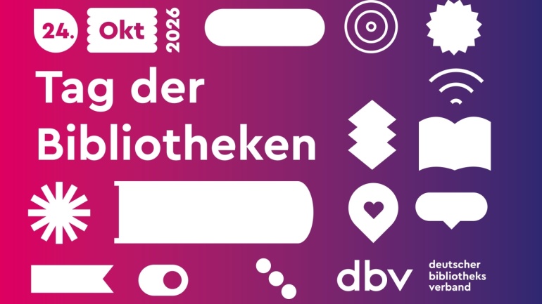 Grafik mit „Tag der Bibliotheken 24. Okt 2026” und verschiedenen Bibliotheks- und Digital-Symbolen auf einem magenta-violetten Farbverlaufshintergrund, mit dem dbv-Logo unten rechts. Grafik mit „Tag der Bibliotheken 24. Okt 2026” und verschiedenen Bibliotheks- und Digital-Symbolen auf einem magenta-violetten Farbverlaufshintergrund, mit dem dbv-Logo unten rechts.